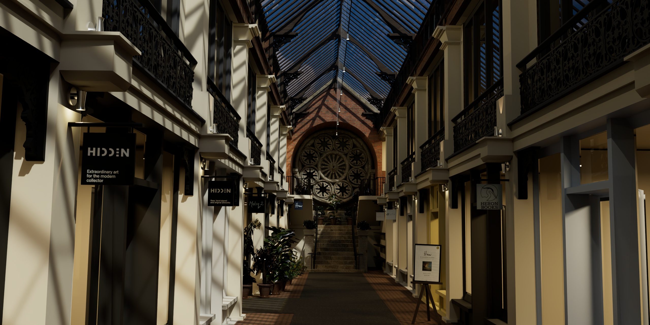Rendered corridor of the Clifton Arcade 3D model, showing shopfronts, ironwork balconies, and a glazed roof.