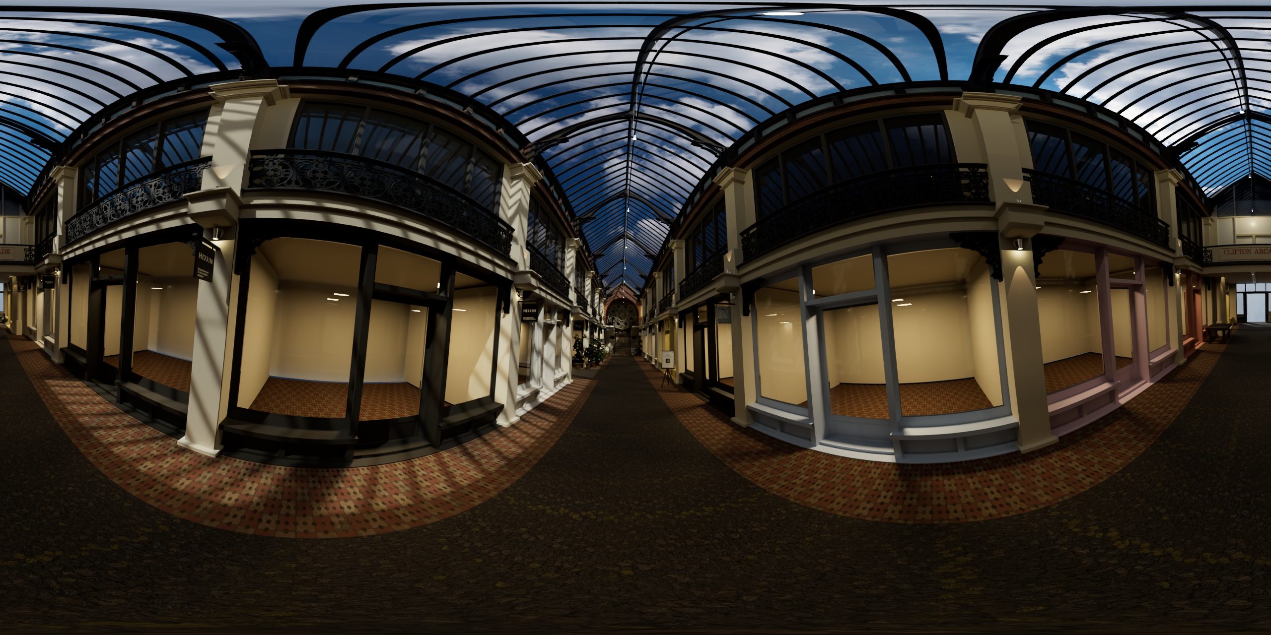 Full 360-degree panoramic render of the Clifton Arcade 3D model, for VR headset viewing
