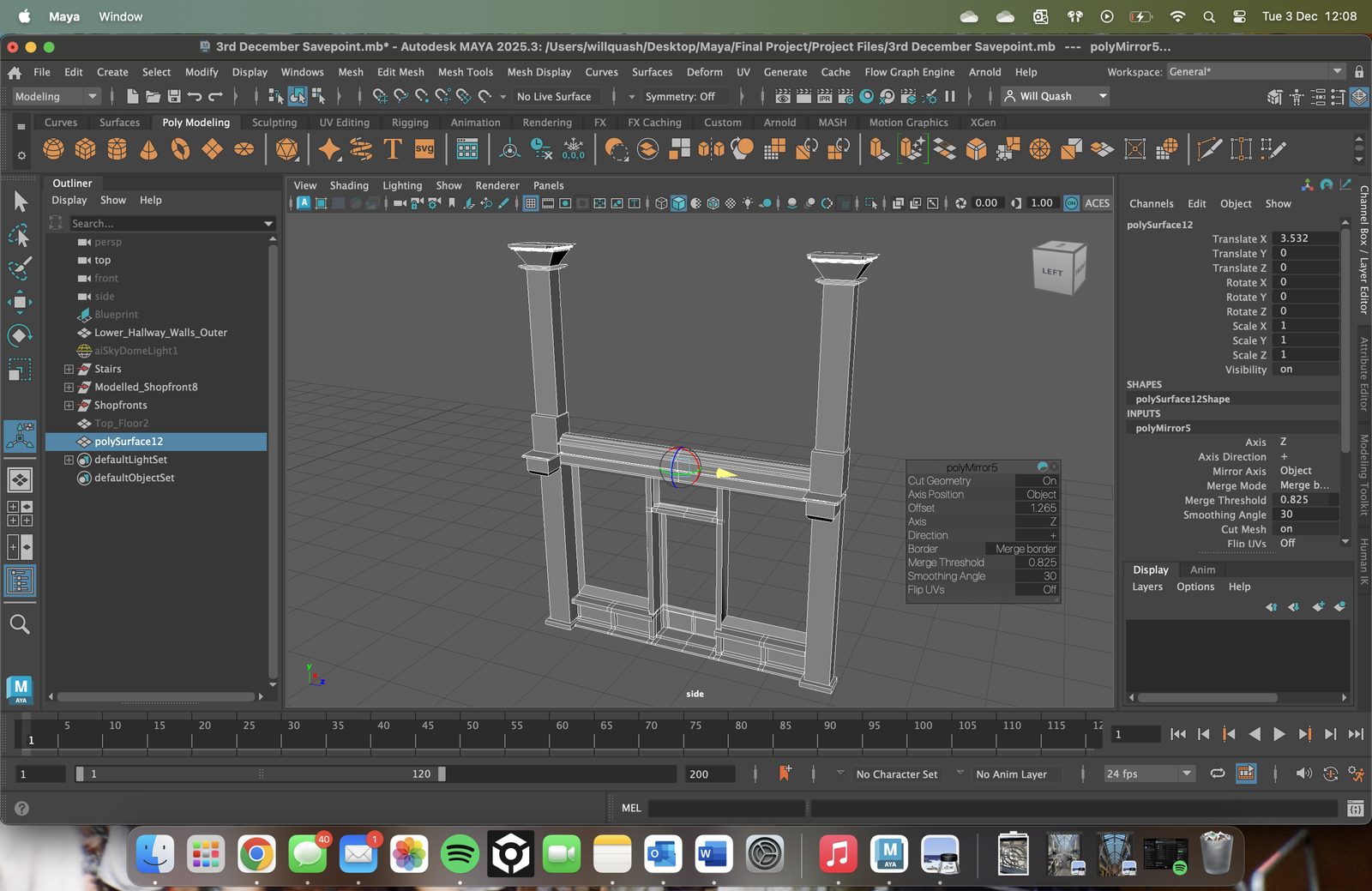 Early wireframe and modelled shopfront in Autodesk Maya