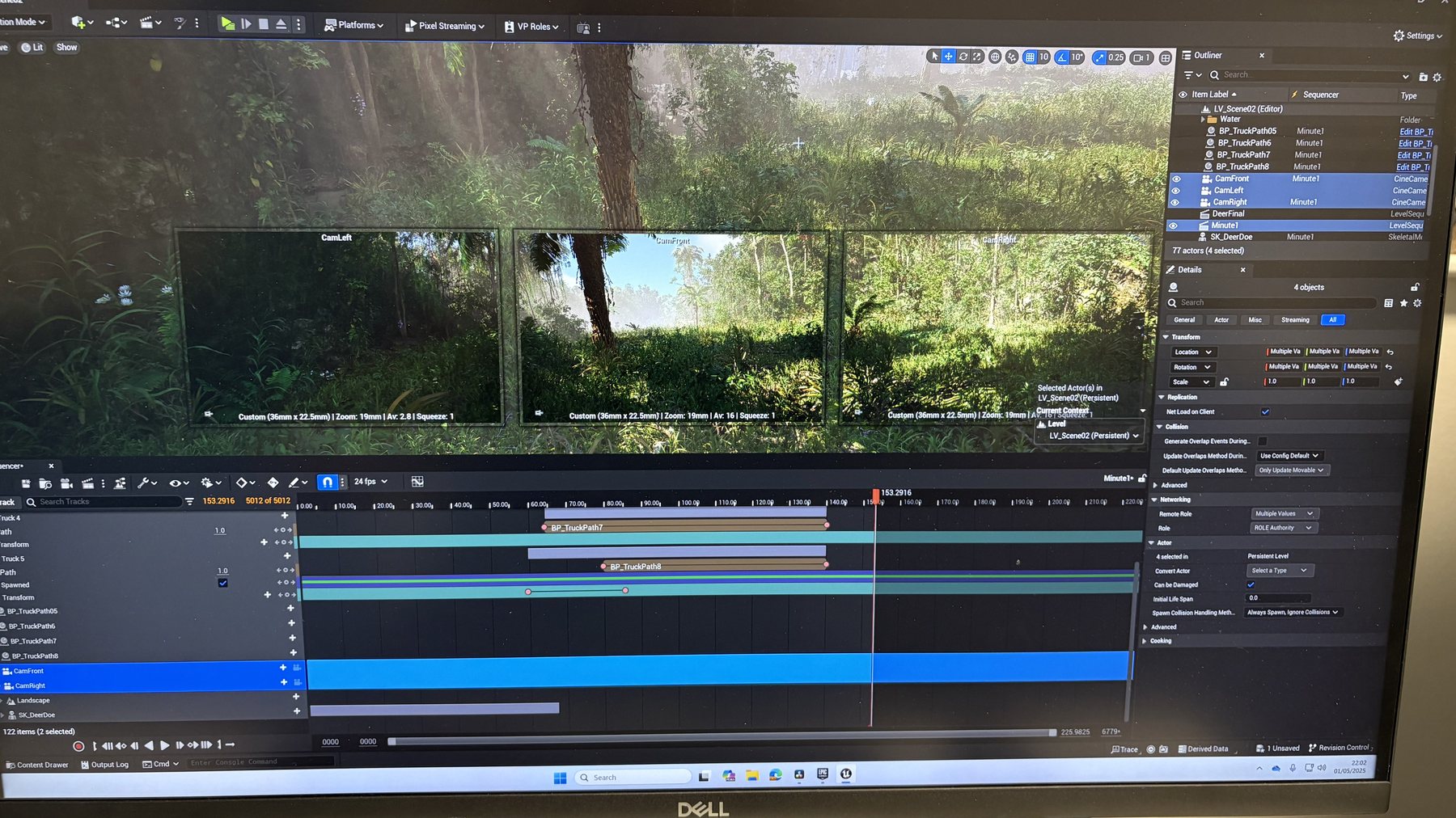 Unreal Engine editor showing the three-camera sequencer setup during the animation process for Fractured Eden.