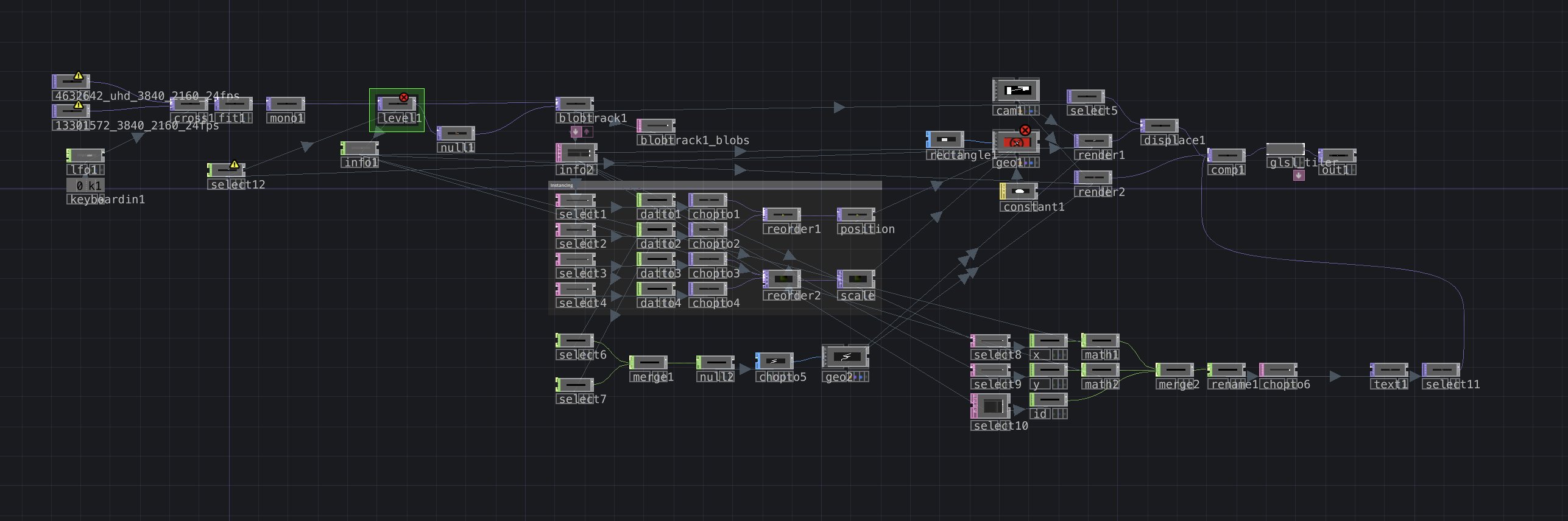 TouchDesigner node network showing the inner workings of the VJ system's scene-loading logic.